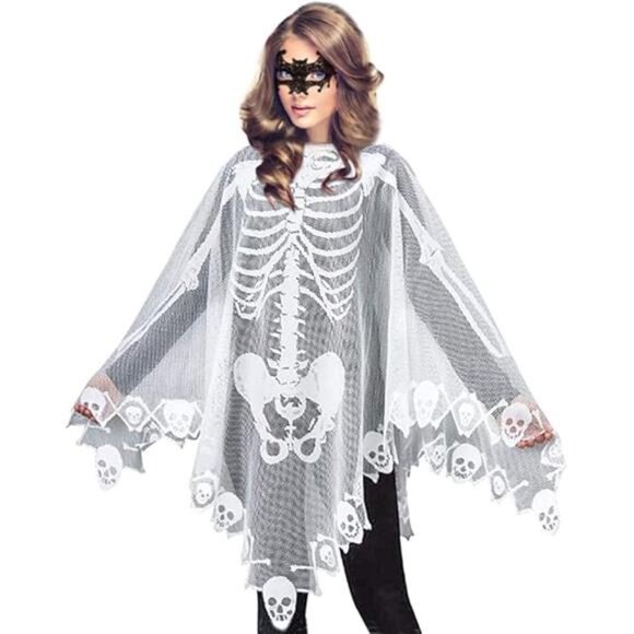 Women's Skeleton Cape Poncho Costume with Masquerade Mask for Halloween - Picture 7 of 7